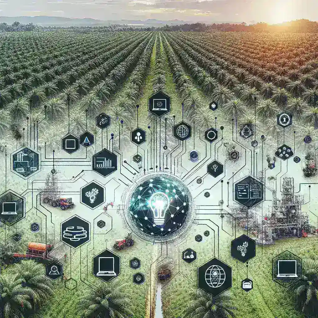 "Ilustrasi Startup Indonesia menggunakan teknologi AI untuk memantau produktivitas petani sawit, menampilkan petani di ladang sawit dengan perangkat digital."