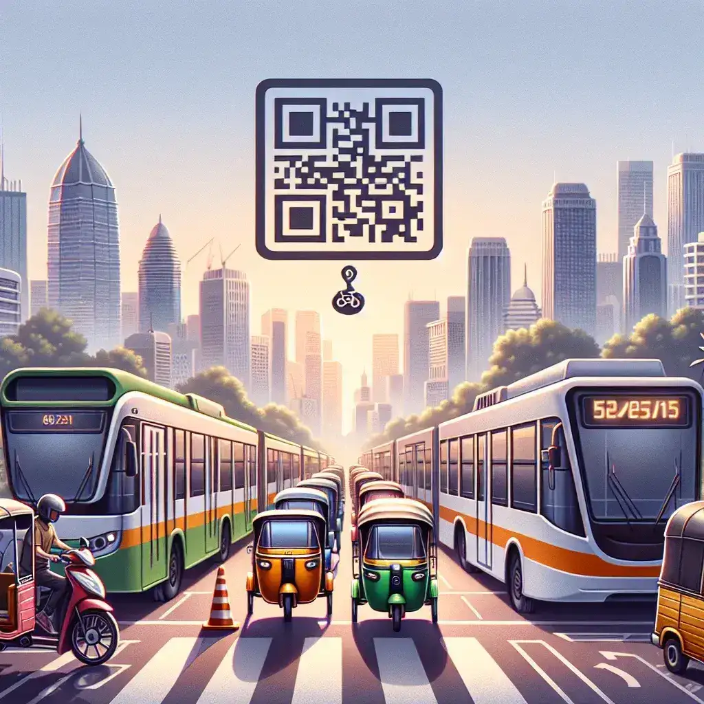 "Ilustrasi sistem pembayaran transportasi umum di Jakarta yang terintegrasi dengan QRIS Nasional, menunjukkan pengguna yang melakukan transaksi QR code di stasiun kereta dan bus."